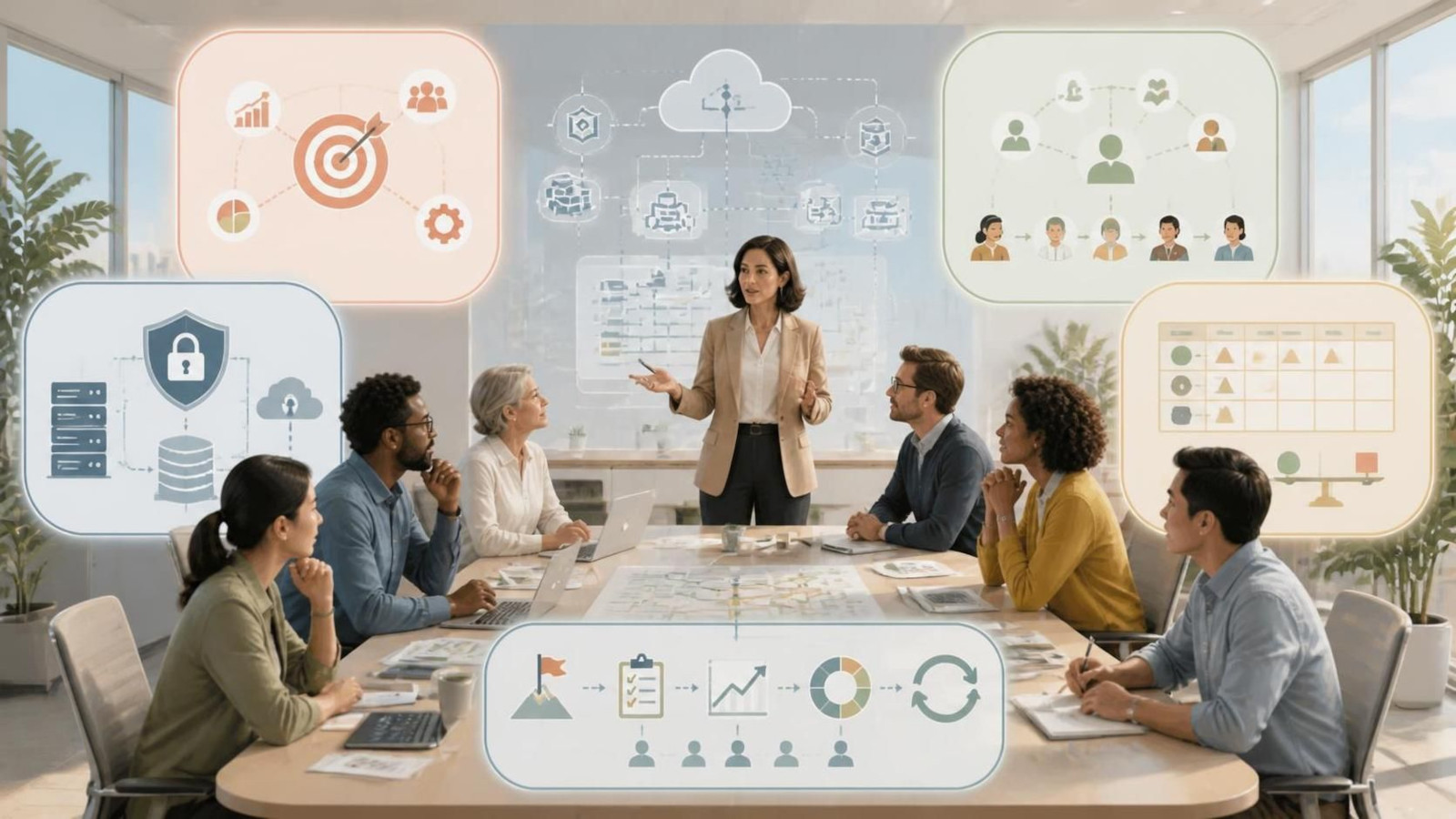 A technology leader guides a cross-functional team through five strategic questions.