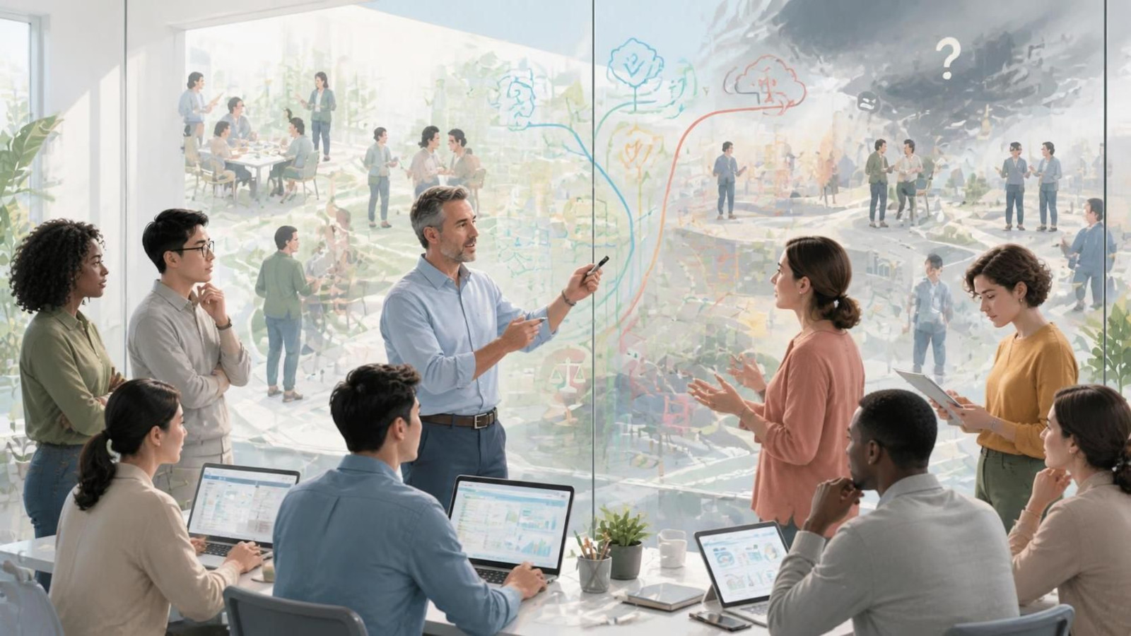 A corporate leadership team balances AI opportunities with risks.